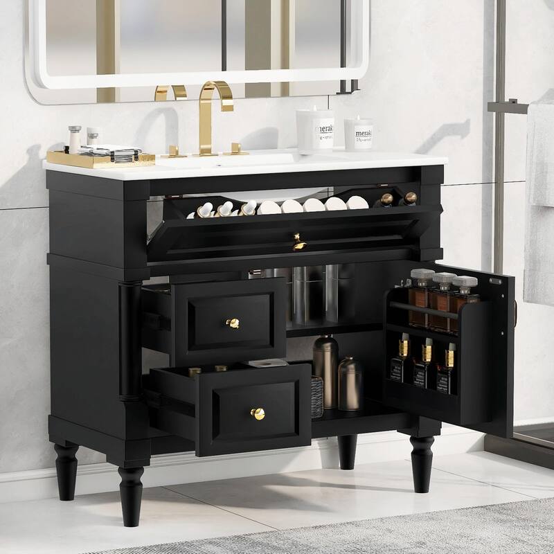 36" Bathroom Vanity with Sink, Freestanding Bathroom Cabinet with Ceramic Basin, Flip Drawer - 36'' - Black