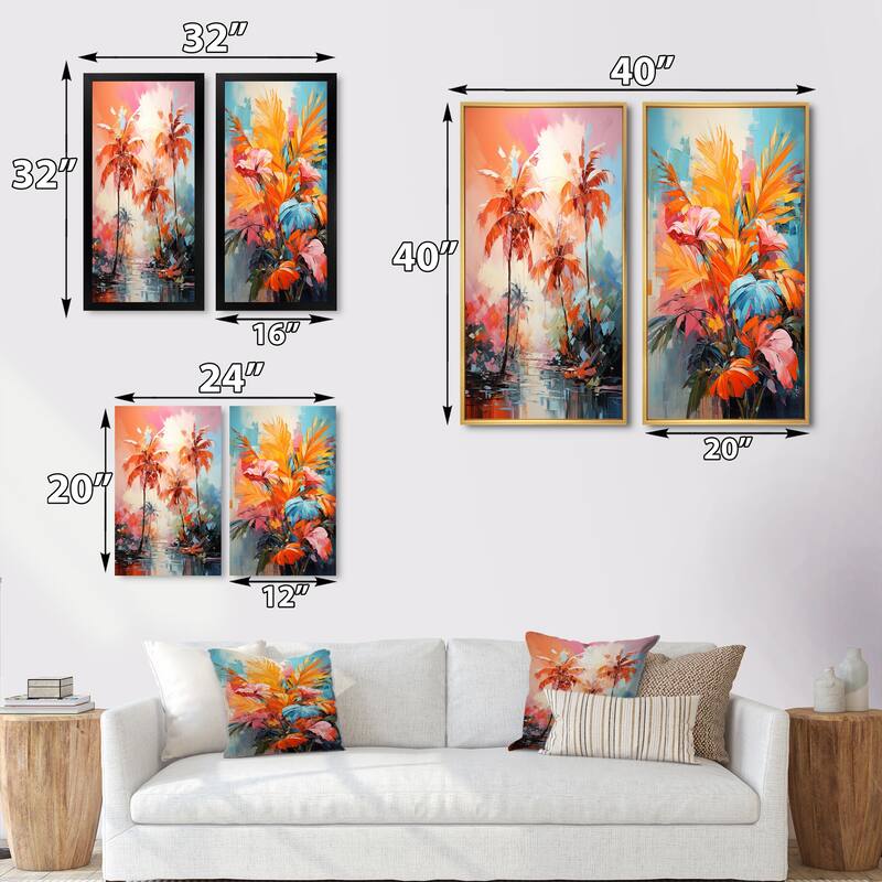 Designart "Orange Pink Palm Trees Abstract" Palms & Palm Trees Framed Wall Art Set Of 2 - Wall Set For Home Decor