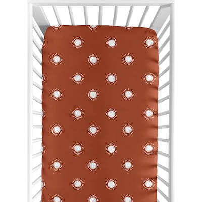 Rust White Boho Sun Boy or Girl Fitted Crib Sheet - Orange Bohemian Celestial Sky Gender Neutral Desert Sunshine Outdoors Nature