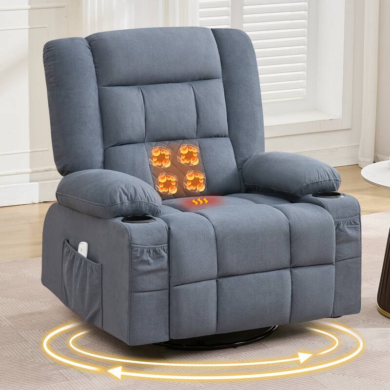 Oversized Swivel Recliner Chair with 4-Point 3D Kneading Massage and Heat, Single Sofa Chair with 2 Cup Holders & USB Port