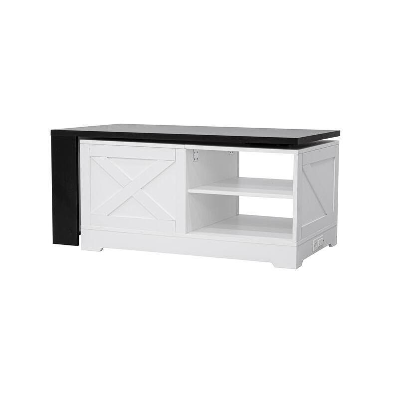 Farmhouse Lift Top Coffee Table, Wood Rectangular Center Table with Hidden Storage, Barn Doors, Open Cabinet