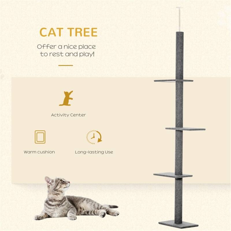 8.5ft Adjustable Cat Tree with Ceiling Mount, 4 Climbing Platforms & Soft Carpeted Pillars