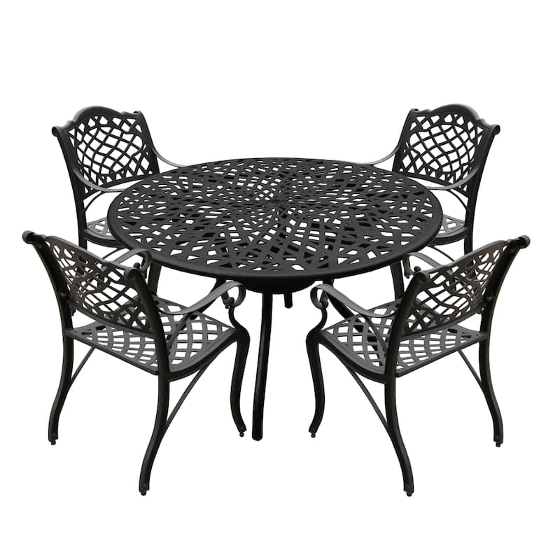 Modern Ornate Outdoor Mesh Aluminum 48-in Round Patio Dining Set with Four Chairs - N/A - Black