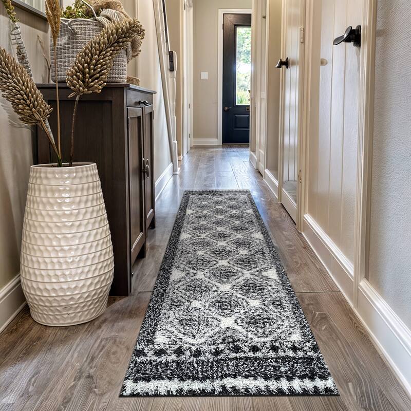 Geometric Shag Rug - Anthracite Dark Gray - Durable Rug for Living Room, Bedroom, or Entryway - Easy to Maintain - White - 2' 3" x 12'