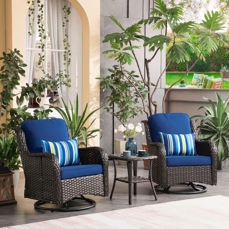 OVIOS 3-piece Patio Wicker Swivel Chair Set - Navy Blue-Brown Wicker
