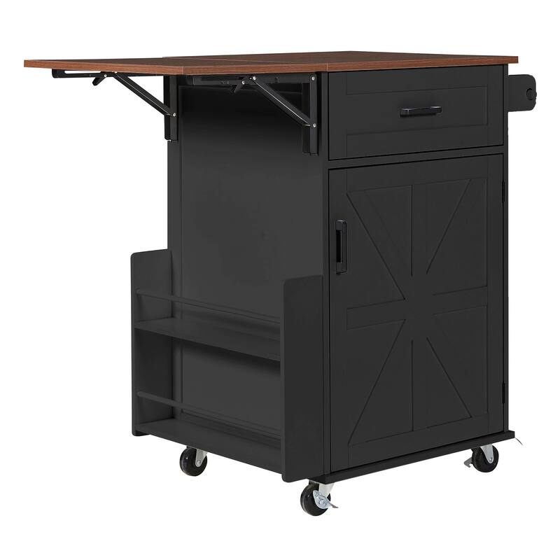 Anmytek 39.3" Farmhouse Rolling Kitchen Island with Drop Leaf, Storage, Lockable Wheels, Black