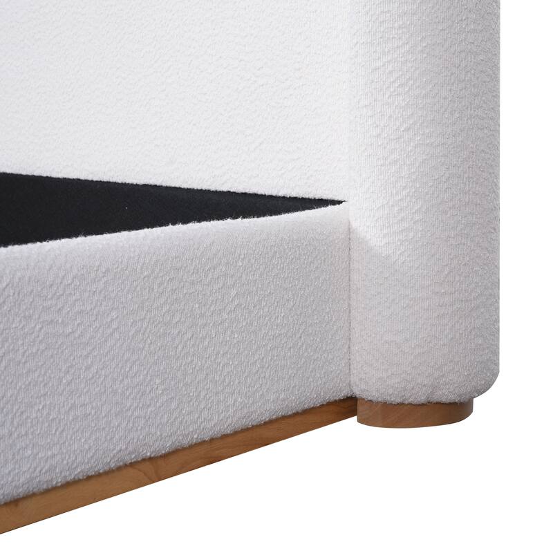 White Low Profile Platform Bed Ground Bed Boucle Frame with Upholstered Wingback Headboard