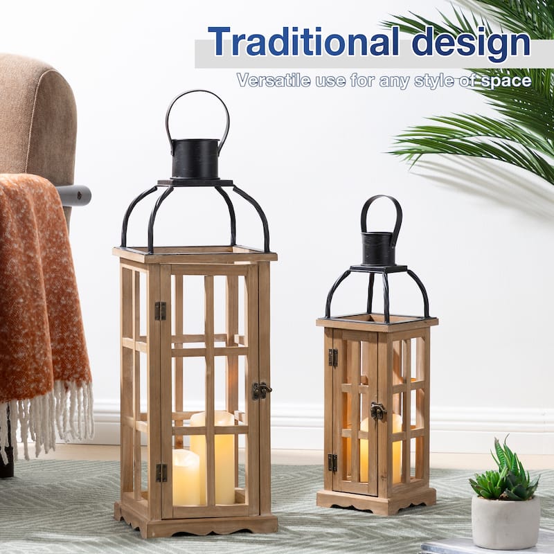 Glitzhome Farmhouse Wooden Metal Cage Candle Holders Patio Hanging Vintage Lanterns (Set of 2)