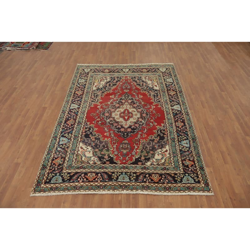 Hand Knotted Oriental 100% Wool Carpet Traditional Medallion Red Tabriz Area Rug - 8' 9'' X 6' 2''