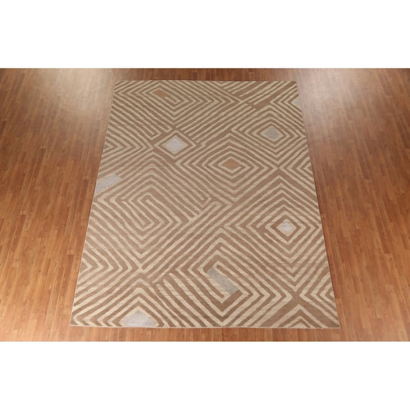 Geometric Modern Oriental Area Rug Handmade Wool Carpet - 8'11" x 11'8"