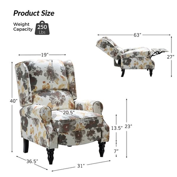 dimension image slide 1 of 11, Olympus Upholstered Classic Manual Wingback Recliner with Spindle Legs by HULALA HOME