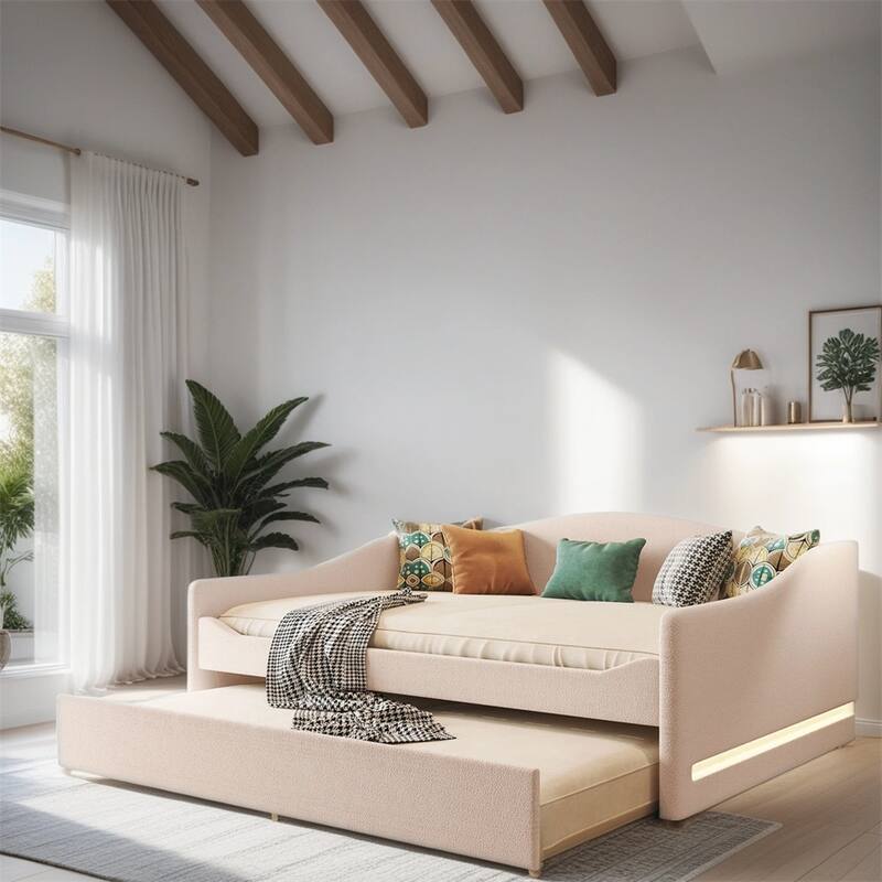 Full Size Upholstered Daybed with LED Light and Trundle