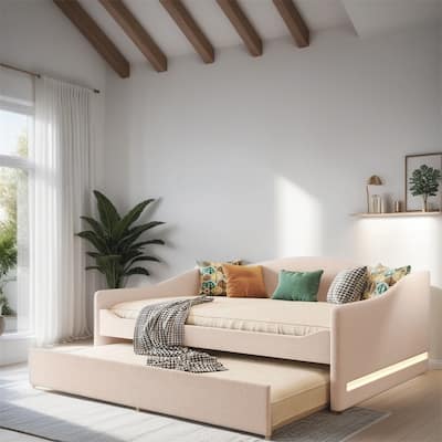 Full Size Upholstered Daybed with LED Light and Trundle