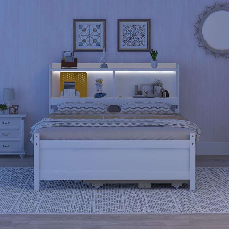 Full Size Bed with Usb & TypeC Ports, Led Light, Bookcase Headboard, Trundle and 3 Storage