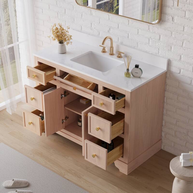 35''H Bath Solid Wood Vanity with Stain-resistant Carrera White Quartz Top And Single Sink