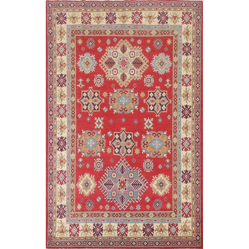Hand Knotted Oriental 100% Wool Carpet Traditional Geometric Red Kazak Area Rug - 9' 11'' X 6' 6''