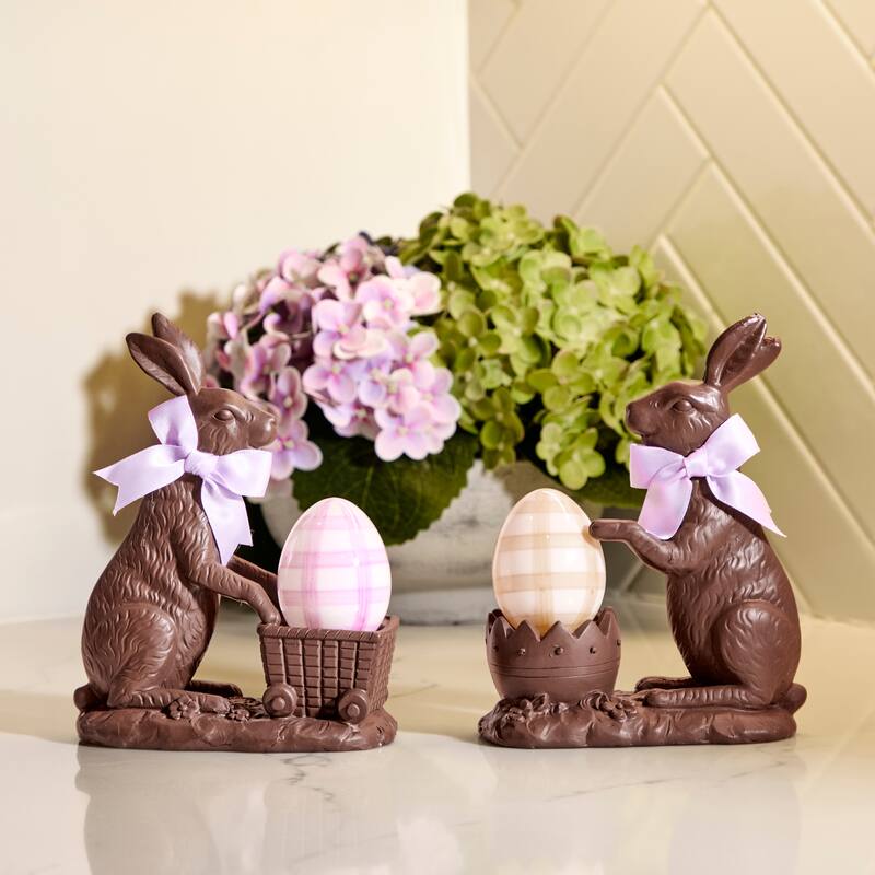 6.5" Resin Chocolate Bunny With Cart set of 2 - Brown