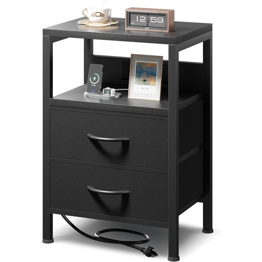 Modern Nightstand with Charging Station, 2 Fabric Drawers, USB-C & AC Outlets, Black