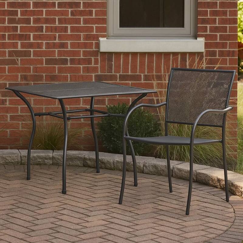 Outdoor Patio Dining Table, 35 Inch Square Mesh Top Classic Gray Metal