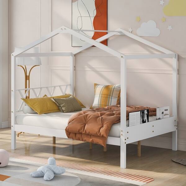 slide 2 of 41, Twin Size House Bed with Roof and Fence - Playhouse Design for Kids' Rooms White