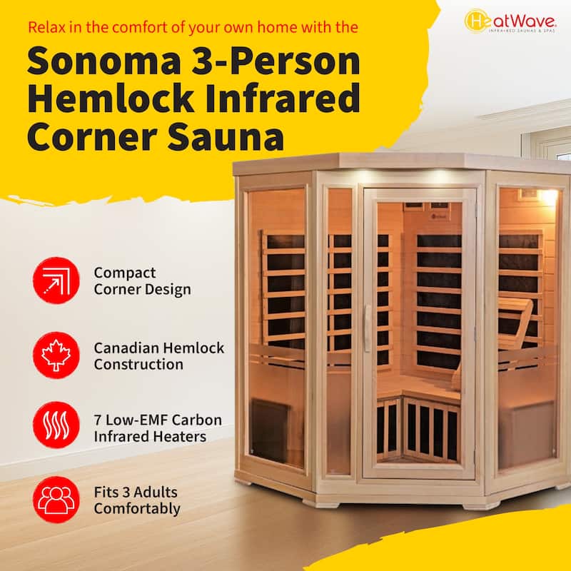 HeatWave Sonoma 3-Person Hemlock Infrared Corner Sauna with 7 Carbon Heaters - 55" W x 35" D x 75" H