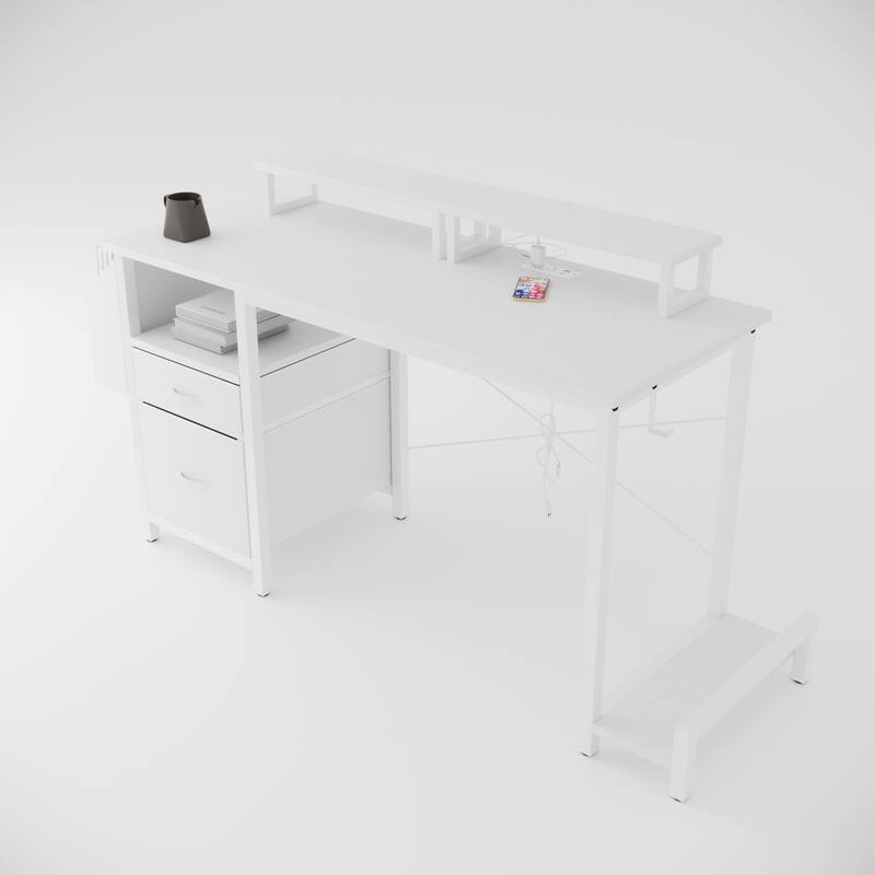 Anmytek Sturdy Office Desk with Power Outlet 2 Monitor Stands 2 Drawers Side Pocket Reversible Frame