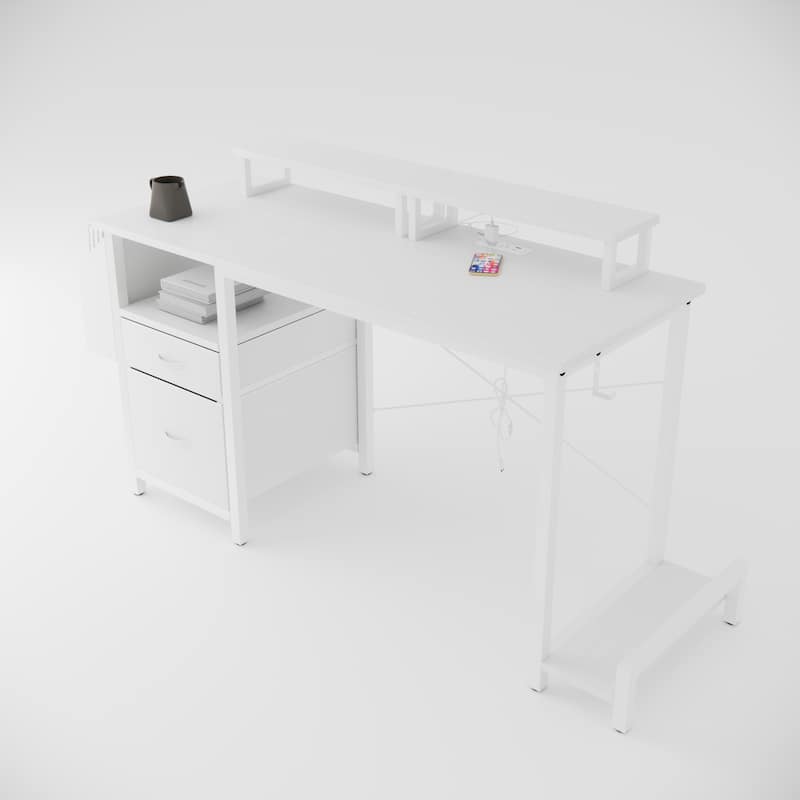 Computer Desk with 2 Drawers & Power Outlets, Gaming Desk with 2 Monitor Stands & Side Pocket, Small Home Office Desk