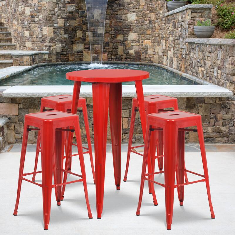 24'' Round Metal Indoor-Outdoor Bar Table Set with 4 Square Seat Backless Stools