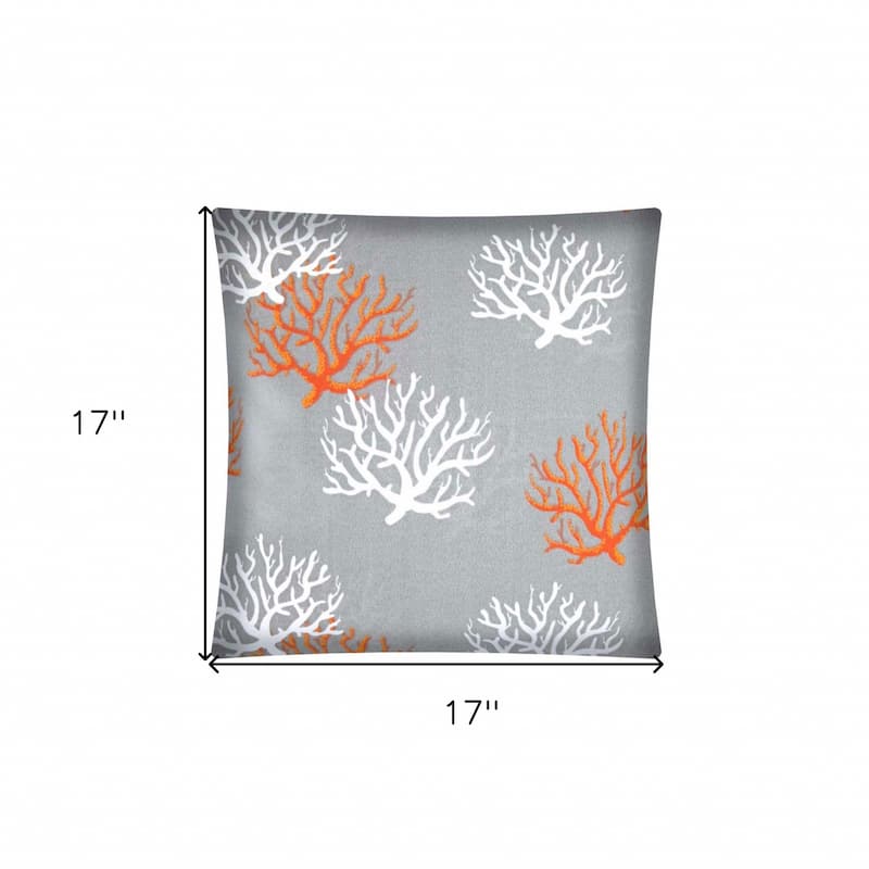 17" Gray Orange and White Coral Indoor Outdoor Throw Pillow Cover - 17"x17"