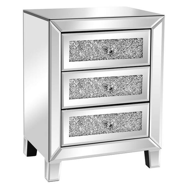 Mirrored Nightstand with 3 Drawers Modern End Table Bed Side Table with Mirrored Finish Bed