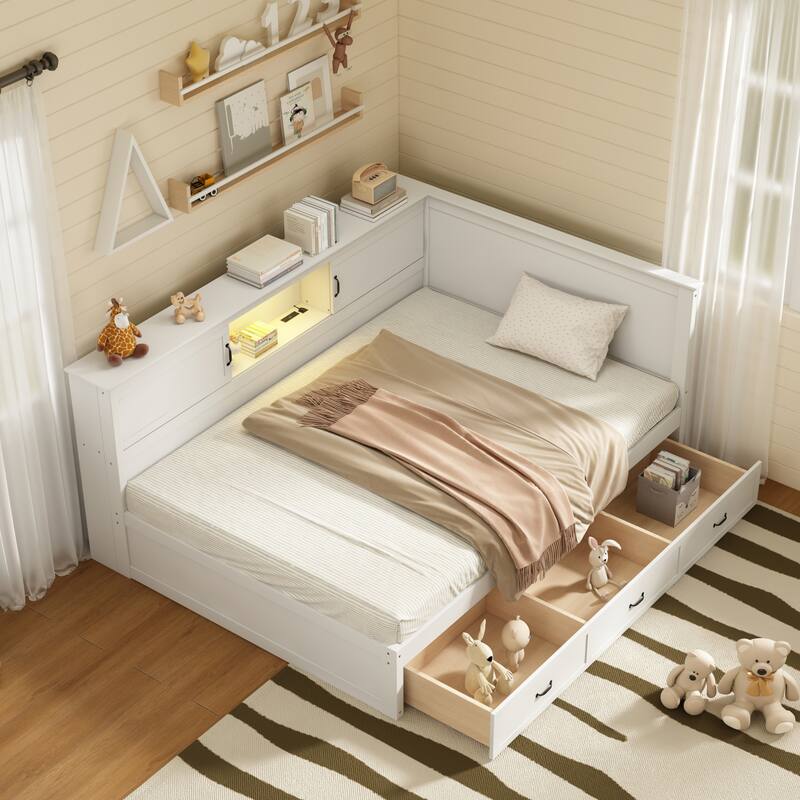 L-Shaped Bed Frame with 3 Spacious Drawers, LED Downlight by Harper&Bright Designs