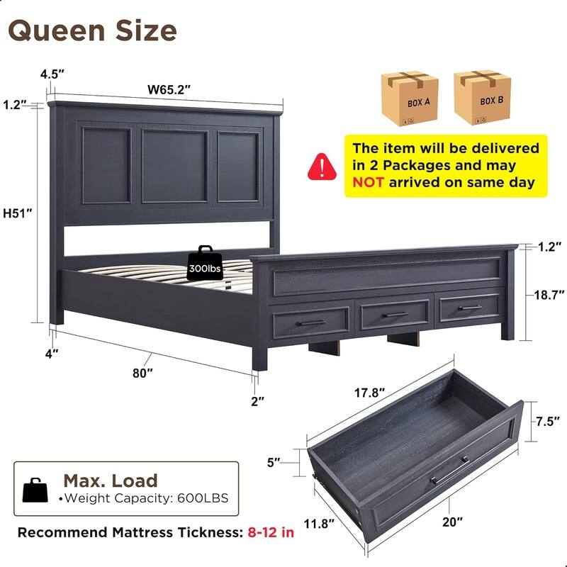 Farmhouse Queen Wood Bed Frame with 52" Tall Headboard & Footboard