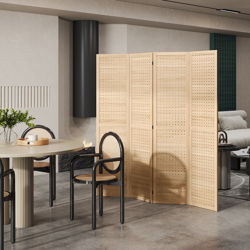 Natural Paulownia Wood Room Divider 4-Panel Rustic Folding Screen - 63" W x 0.75" D x 66.9" H