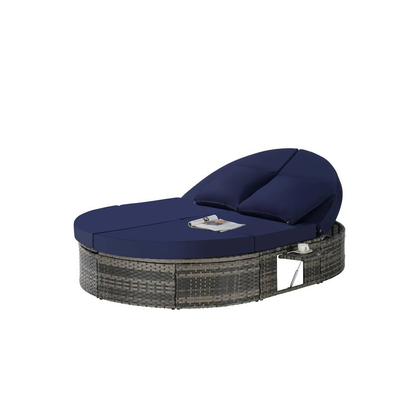 Outdoor Patio Rattan Round Daybed Sunbed with Adjustable Backrests and Foldable Cup Trays