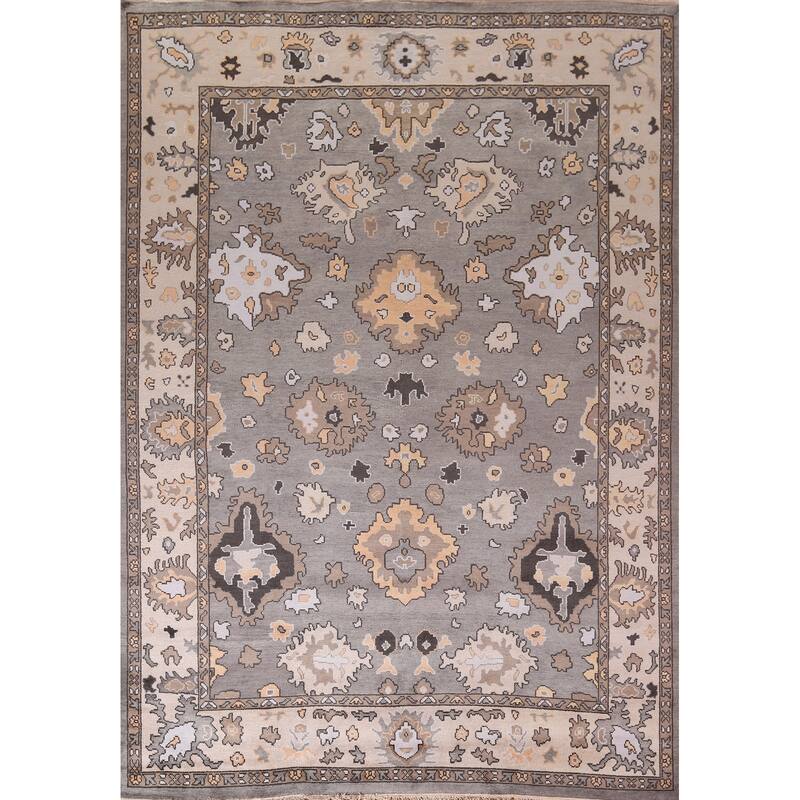 Gray Oushak Oriental Area Rug Handmade Floral Wool Carpet - 9'0" x 11'8"