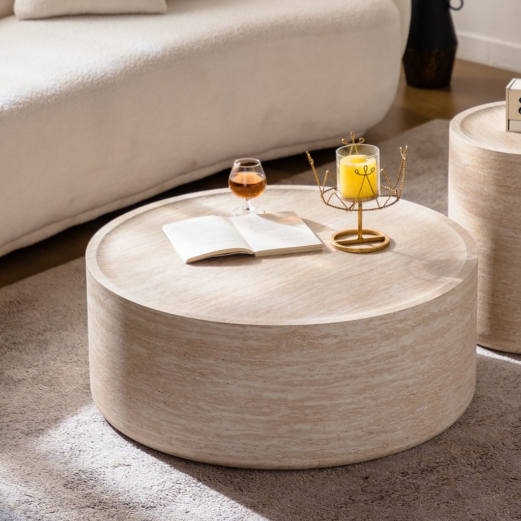 GDFStudio - Aurelia Modern Round Drum Coffee Table with Mars Pattern Wooden Top - No Assembly Required