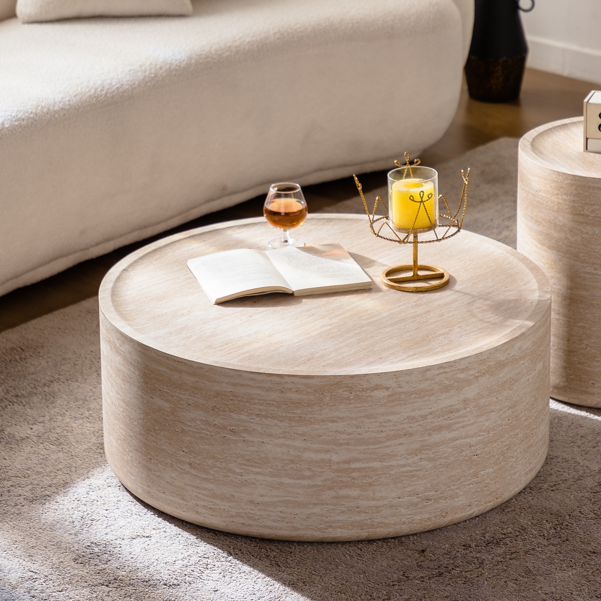 GDFStudio - Aurelia Modern Round Drum Coffee Table with Mars Pattern Wooden Top - No Assembly Required
