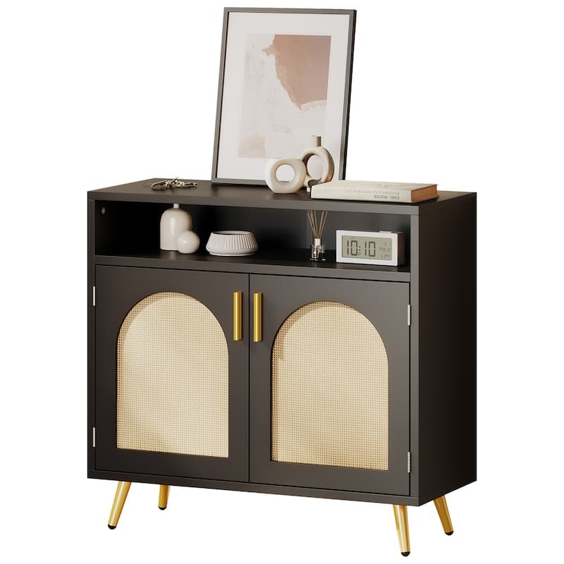 Moasis Rattan 2-Door Buffet Sideboard Cabinet with Adjustable Shelves for Kitchen Hallway - Black