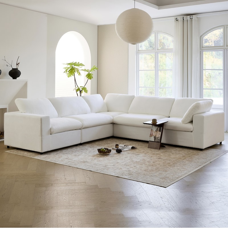Lesly Free Assembly Sofa Feather Filled Comfort Sofa - 5Seaters(Vshaped) - White
