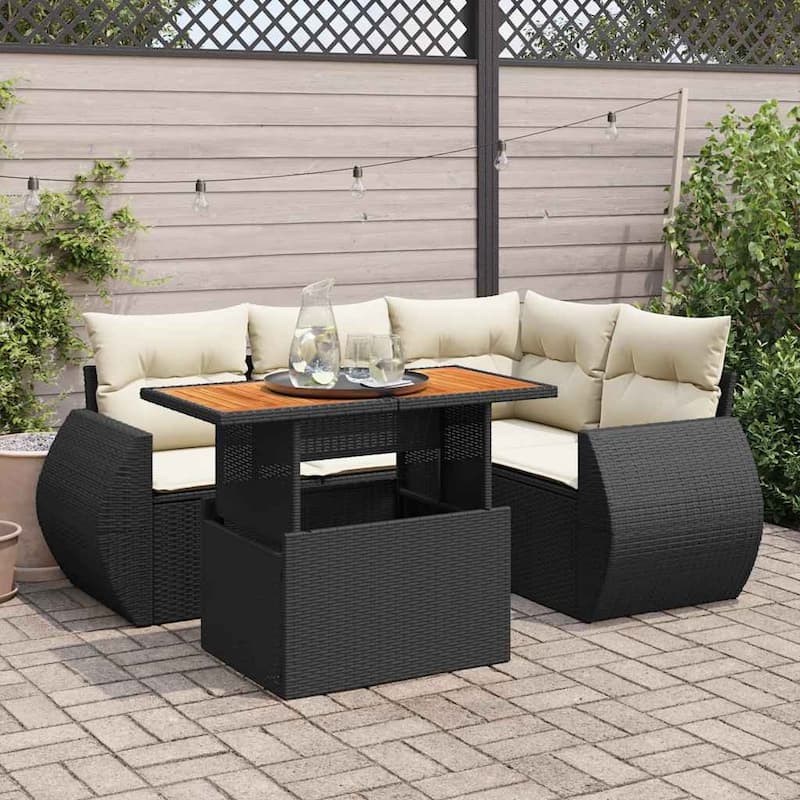 vidaXL Patio Sofa Set with Cushions Lounge Sofas and Table 5 Piece Poly Rattan - 21.7 x 39.4 x 28.7 - Black and cream with storage