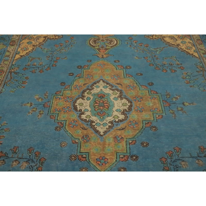 Hand Knotted Oriental 100% Wool Carpet Traditional Floral Navy Blue & Blues Tabriz Area Rug - 9' 5'' X 6' 4''