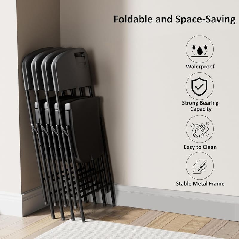 VECELO Black Folding Chairs Set, Metal Dining Chairs, Indoor/Outdoor Use Plastic Seat with Steel Frame