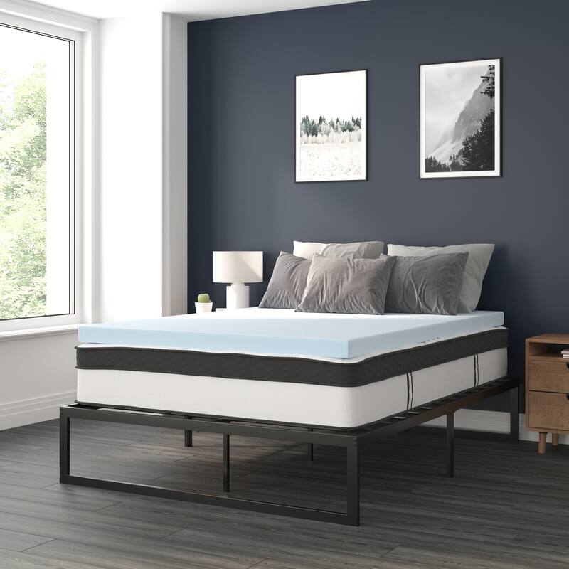 Platform Bed Frame; Pocket Spring Mattress & Memory Foam Topper - Black - Queen