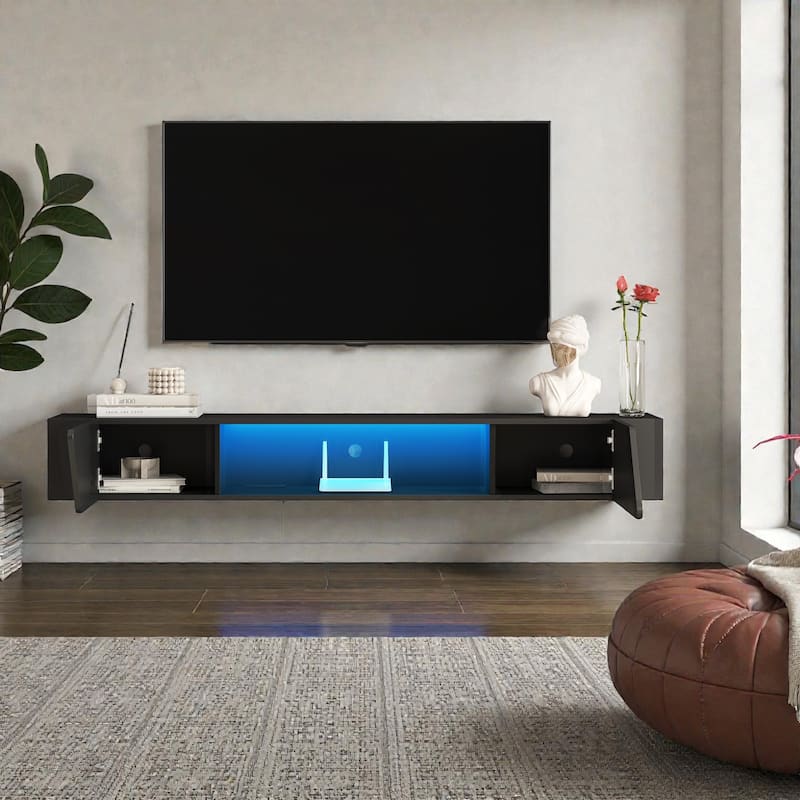 69" Floating TV Stand with 16-Color LED Lights, Wall Mounted Modern Media Console for 55-65 Inch TVs, High Gloss Cabinet