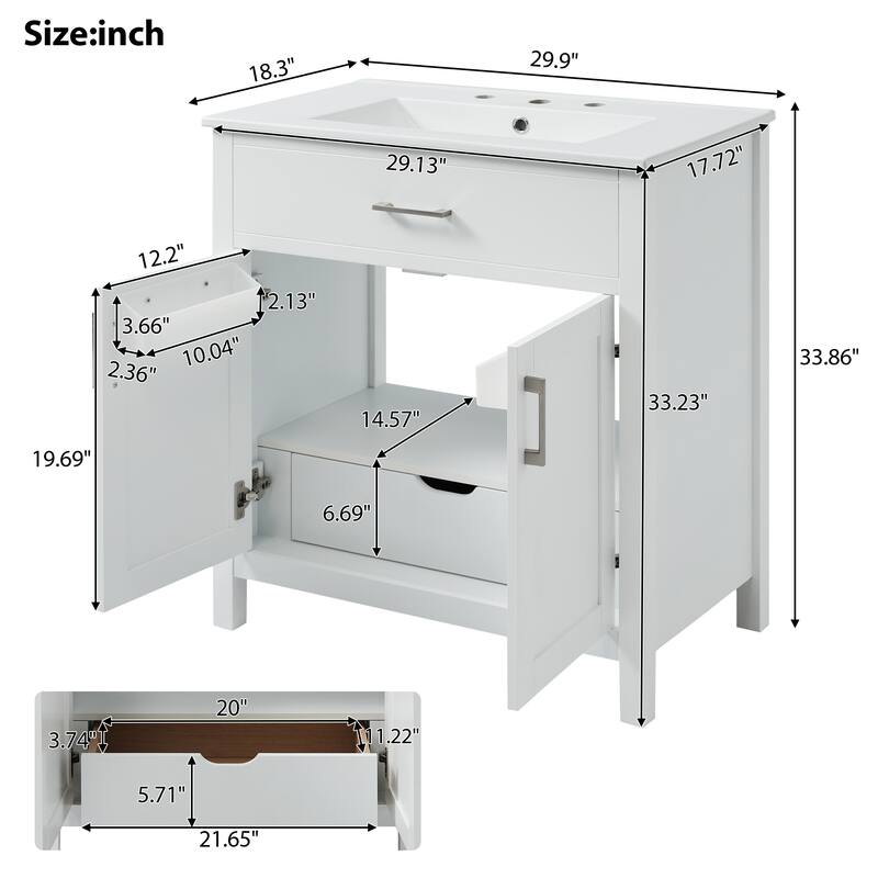 Anmytek 30 Inch Bathroom Vanity with Ceramic Sink and Ample Storage for Small Bathrooms