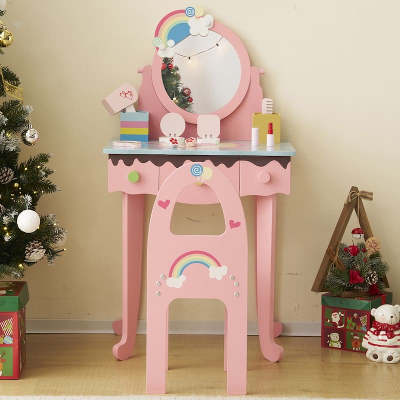 Kids Vanity Table and Chair Set with 7 Pretend Makeup Toys Rainbow Design Pink Stool Storage for Girls Room Gift