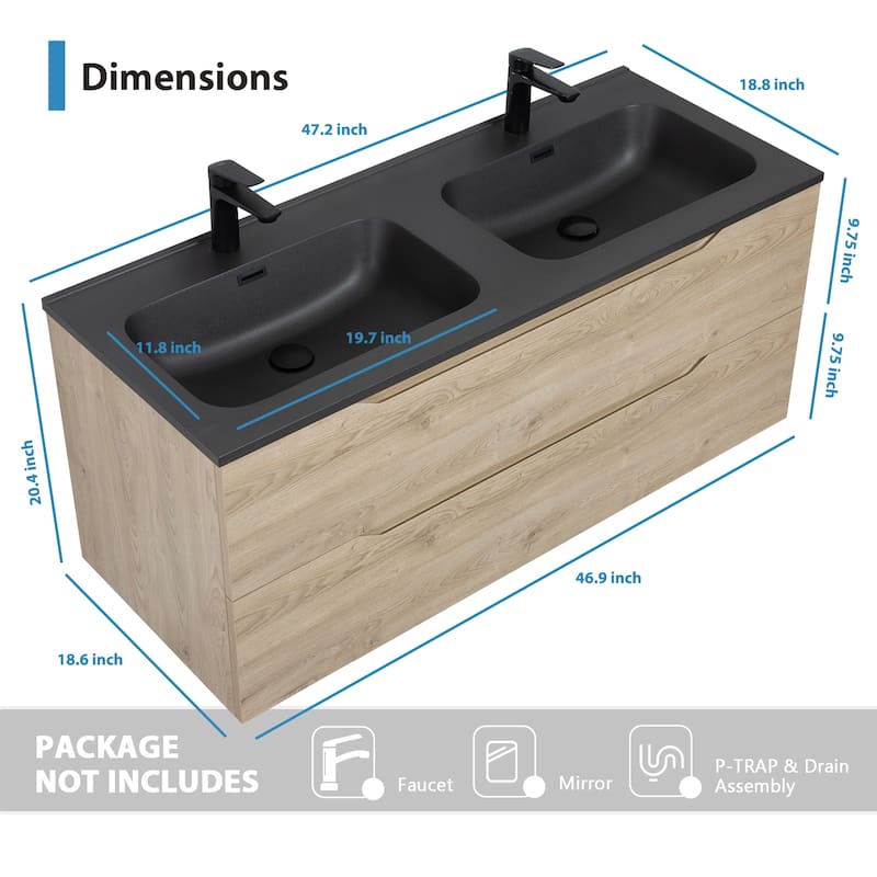 RupheonD 24"-48" Floating Bath Vanity in Evita Oak with Black Quartz Top