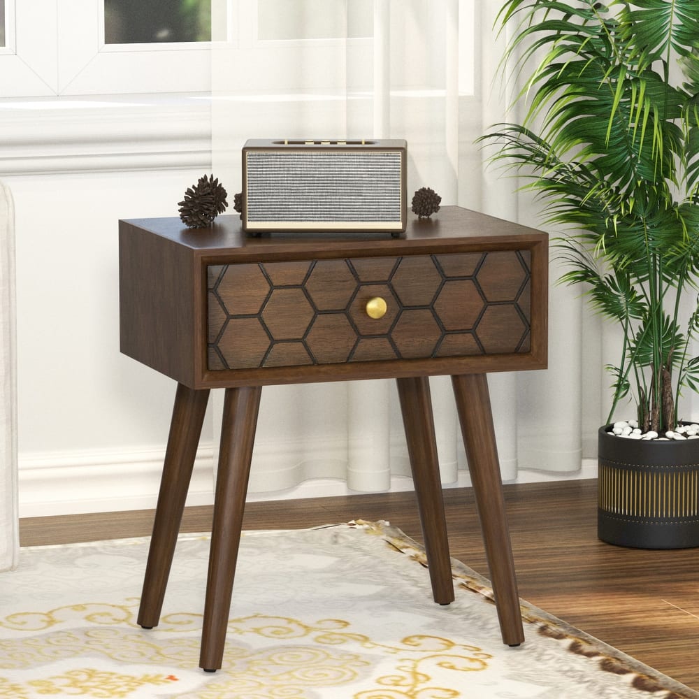 COSIEST Mid-Century Honeycomb 4 Legs End Table with Drawers