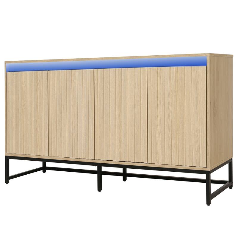 LED Sideboard Buffet Cabinet Storage Cabinet w/ Adjustable Shelf, Carved Cupboard Console Table for Living Room Hallway, Natural