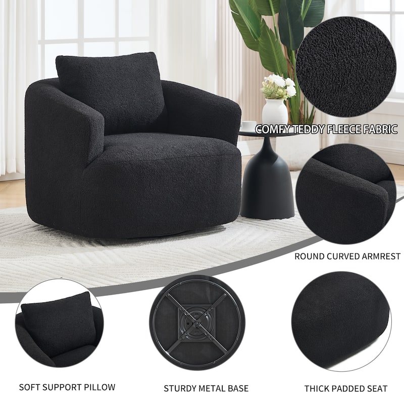 360°Swivel Round Upholstered Comfy Chair With One Soft Pillow, Teddy Fleece High-Resilience Sponge Single Sofa